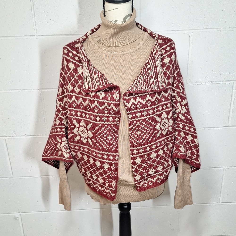CAbi Red and Cream Knit Poncho Sweater